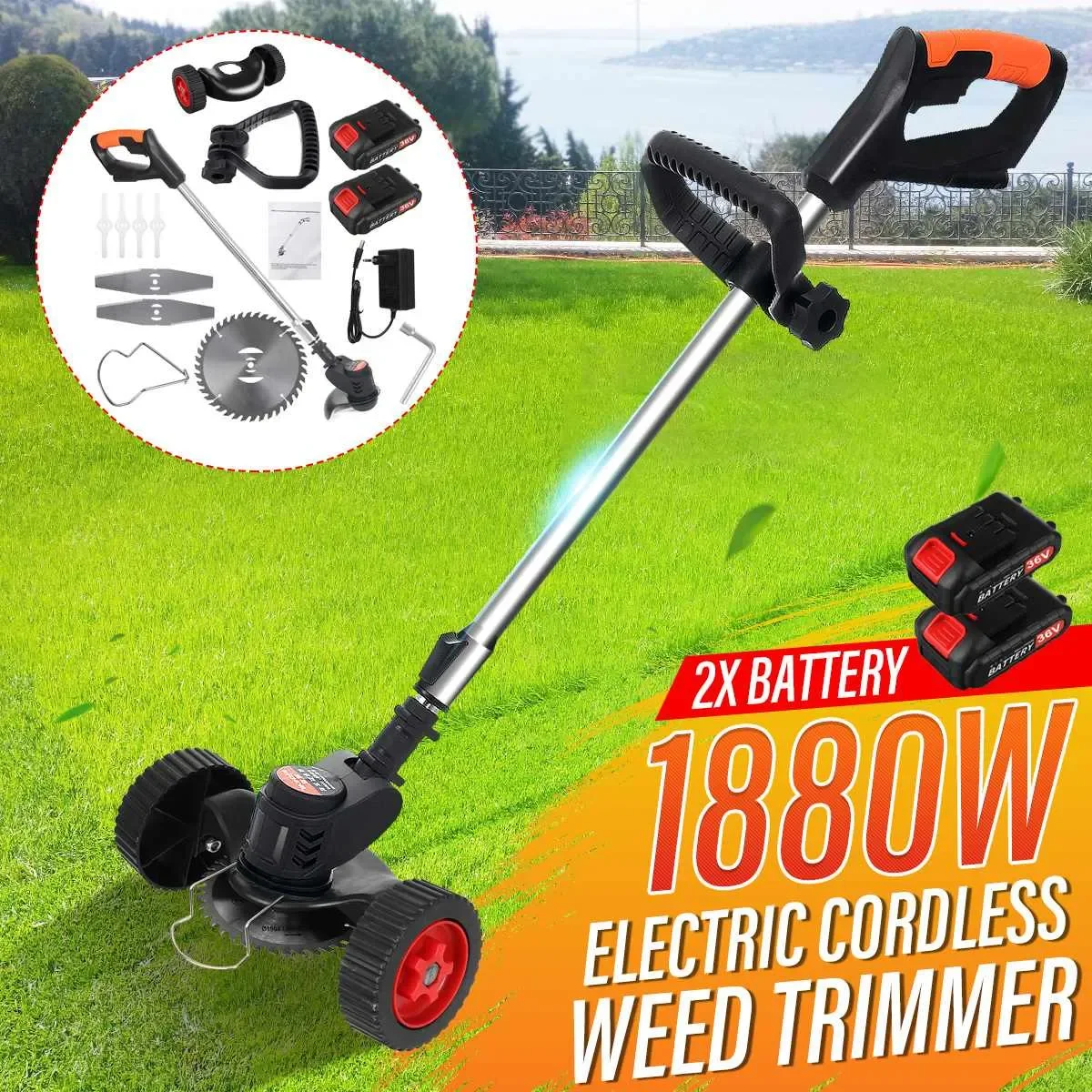 

1880W 36V Portable Electric Grass Trimmer Handheld Lawn Mower Hedge Brush Cutter Household Cordless Weeder Garden Pruning Tool