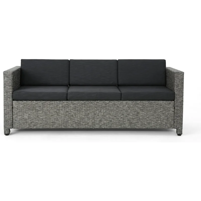 Christopher Knight Home Puerta Outdoor Wicker 3-Seater Sofa, Mix Black / Dark Grey Cushion