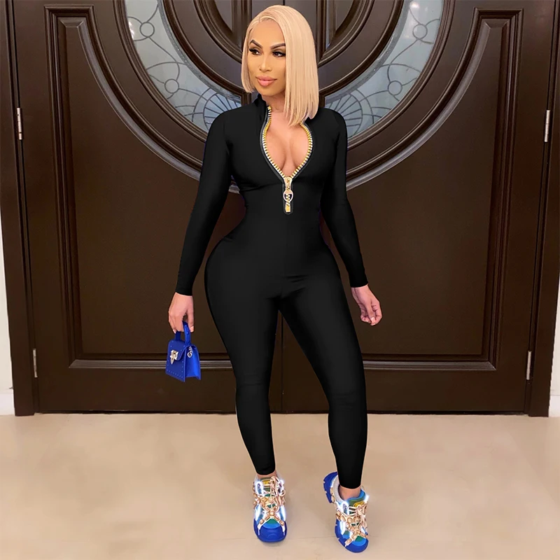 Damen Bodycon einteiligen Overall lang ärmel igen großen Reiß verschluss weibliche Casual Sport Workout Skinny Aktivität tragen Overalls Tops