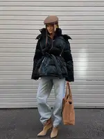 Elegant Women's Shiny Thicken Cotton Coats Hooded Detachable Zippers Lace Up Lady Coat 2025 Winter Chic Female Streetwear 4