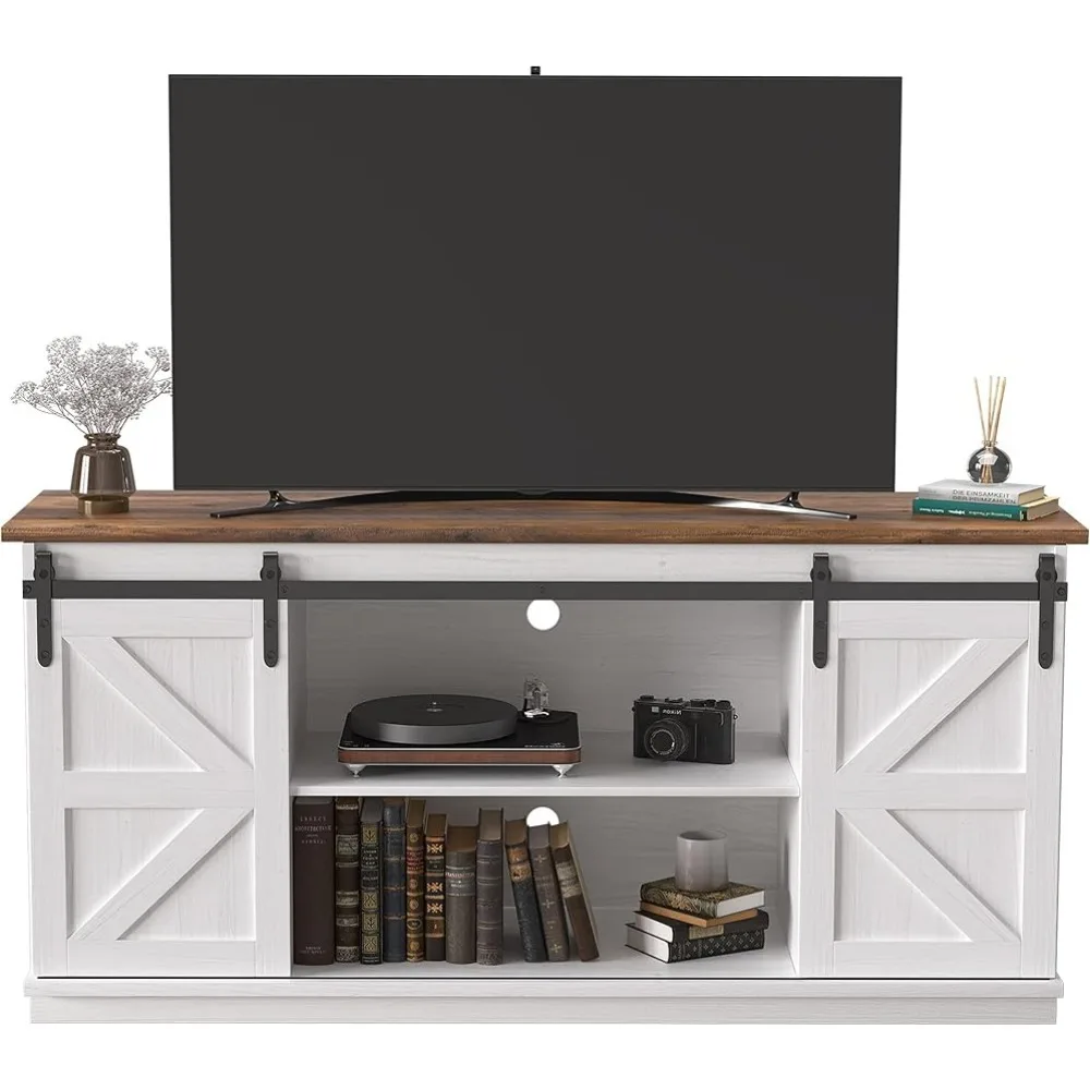 

Stand up to 65 Inches, Mid Century Modern Entertainment Center with Sliding Barn Doors and Storage Cabinets, Metal Media TV