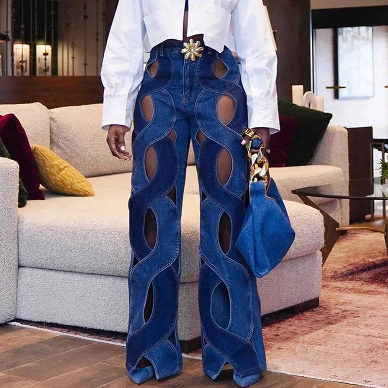 

Fashion Streetwear Denim Flare Pants High Waist Hollow Out Women Jeans New Design Hole Casual Summer Trousers Dropshipping