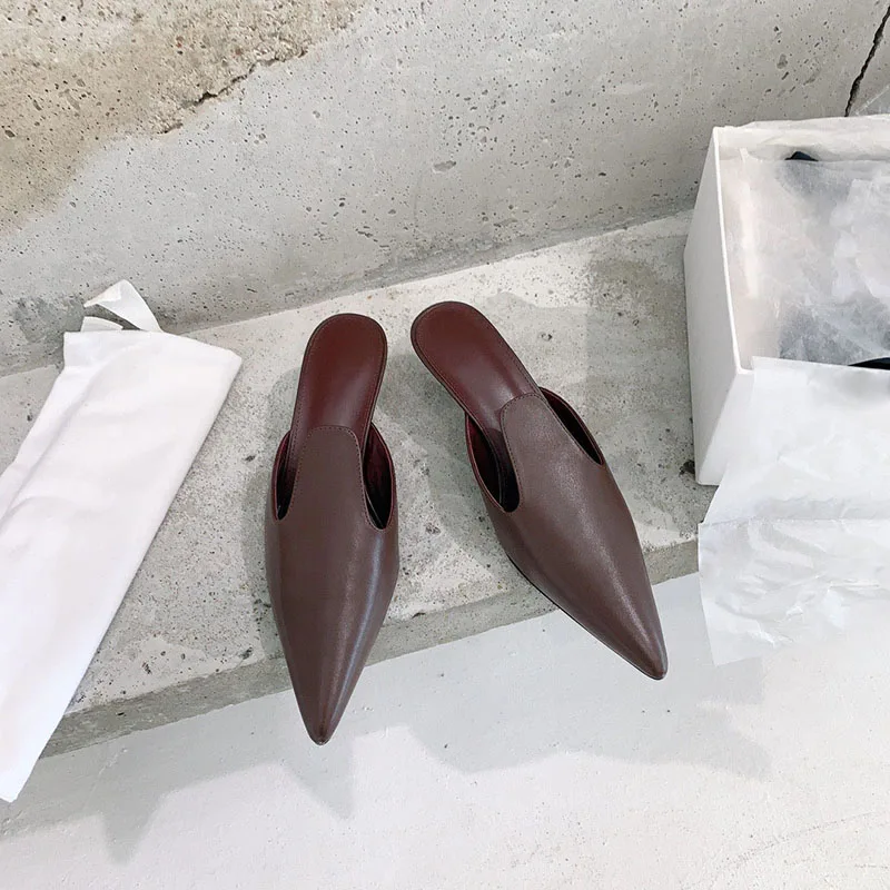 French Pointed Toe Slim Heel Cat Heel Muller Shoes Women's 2023 Summer New Genuine Leather Baotou Half Slippers Women's Shoes