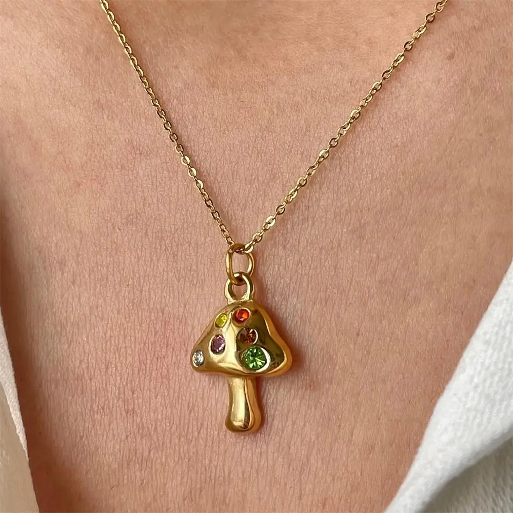 Cute Mushroom Pendant Neckalce for Women Inlaid Multicolored Zircon Geometric Gold Plated Chain Choker Birthday Gift Jewelry