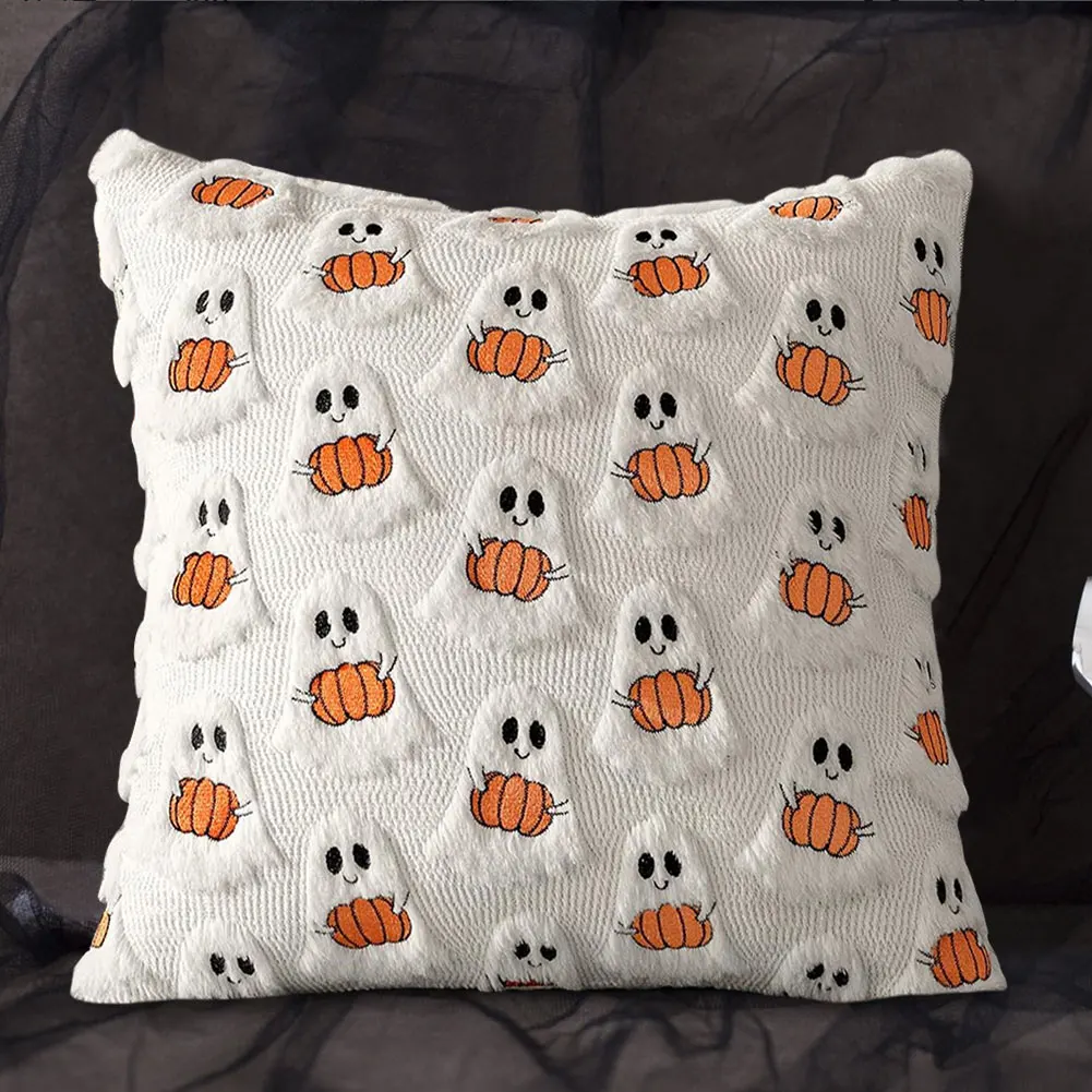 Halloween Plush Faux Fur Pillowcase Comfortable Soft Pillow Case Halloween Ghost Pumpkin Pillow Cover for Couch Sofa Home Decor