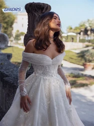 Luxury Sequins Quarter Sleeve Bridal Veil Romantic 3D Flower Off The Shoulder Bride Dress Sparkly Vestidos De Novia