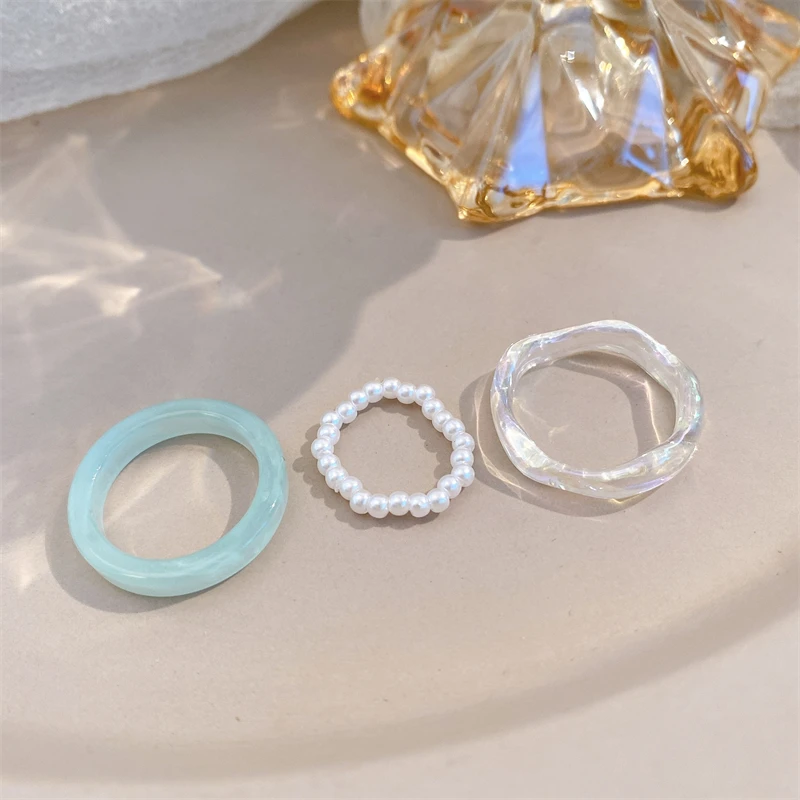 2025 Damenmode 17km 3 Stück/Komplettset aus transparenten, süßen, romantischen Ringen mit Acrylperlen, modischer Damenschmuck, 2024 Geschenke_voghion.com