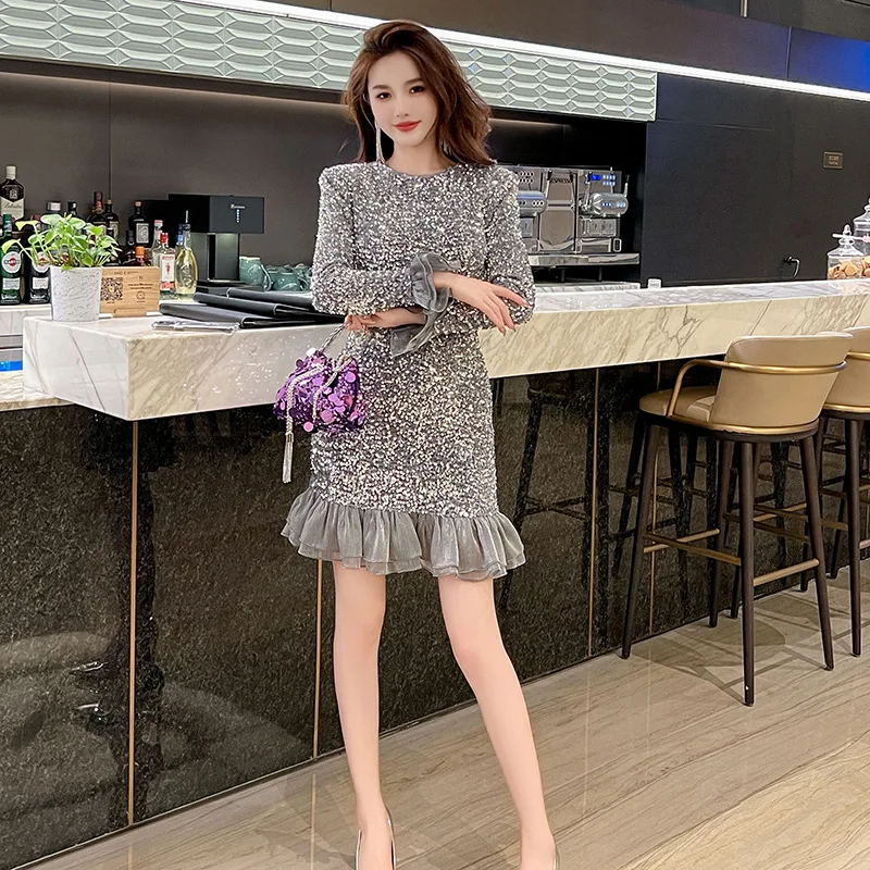 

2024 Spring Loudspeaker Long Sleeve Slim Fit Sequin Fishtail Dress 30762