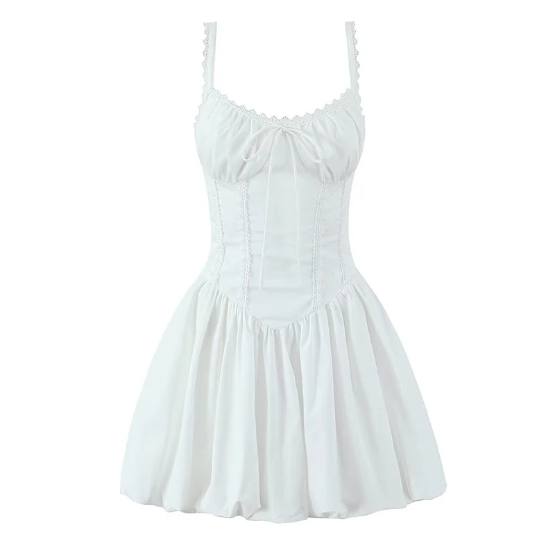 YENKYE 2025 Women Lace Spliced Black White Sling Mini Dresses Low Waist Cotton Summer Sexy Party Dress Sexy Lacing Up Robe 1
