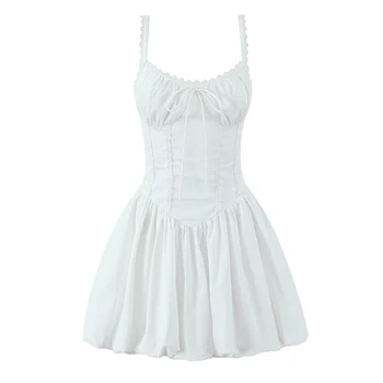 YENKYE 2025 Women Lace Spliced Black White Sling Mini Dresses Low Waist Cotton Summer Sexy Party Dress Sexy Lacing Up Robe 1