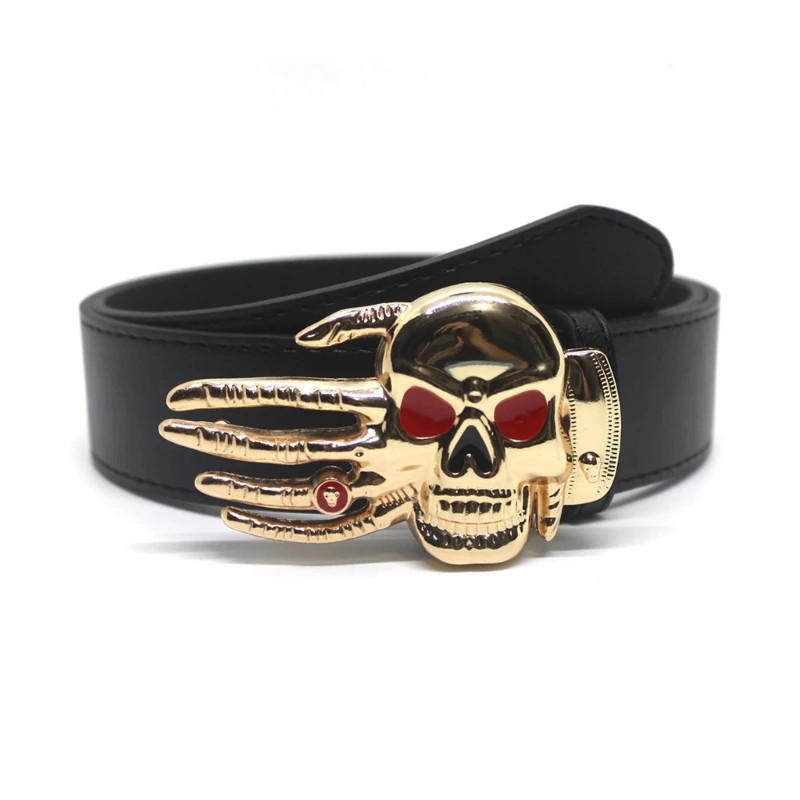 Adult PU Waist Belt with Golden Hand Skull Buckle Wear-Resistant Waist Belt for Men Teenagers Coat Jeans Trousers