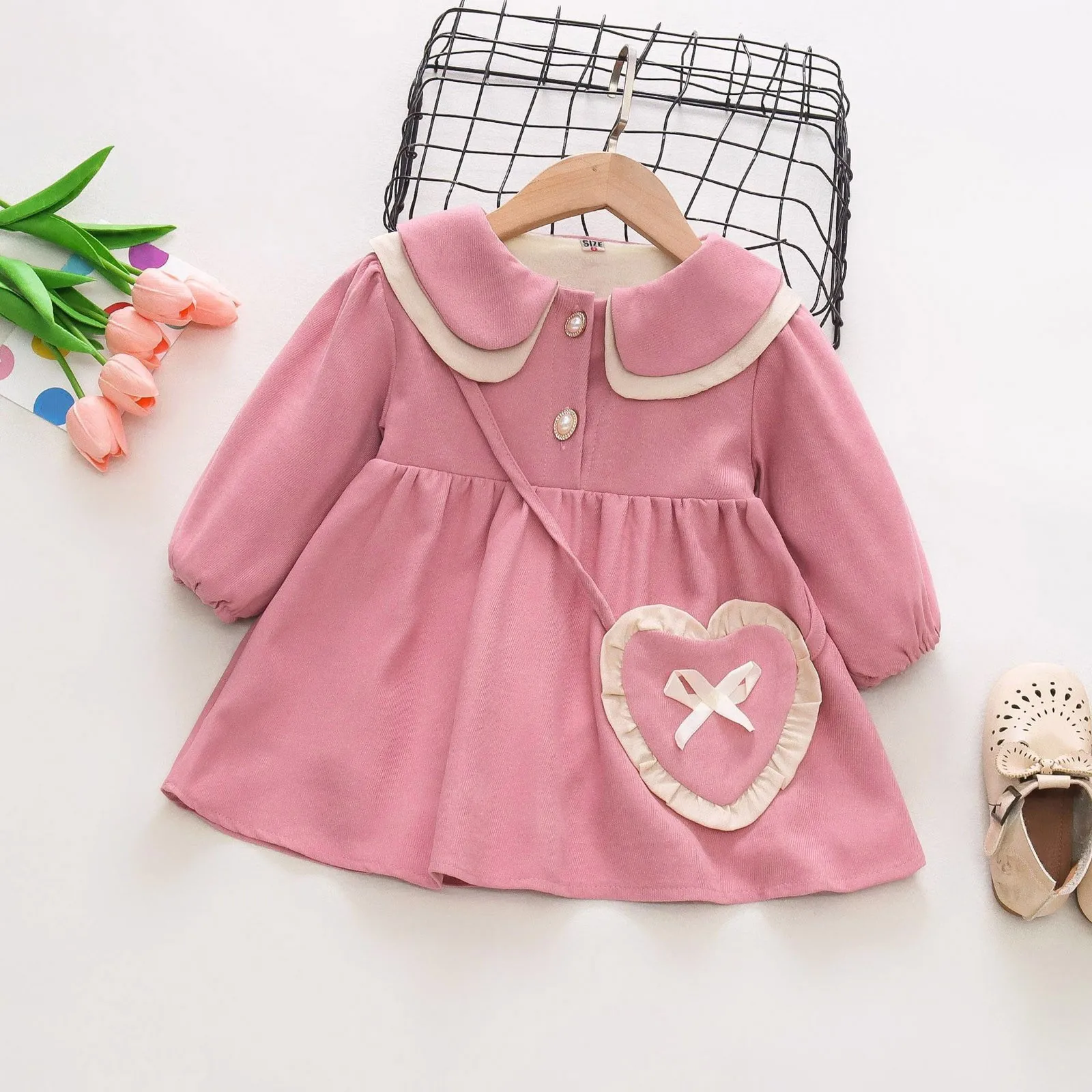 

0-3Y Infant Baby Girls Long Sleeve Bowknot Ruffles Dress Doll Collar Academy Clothes Outfit for Toddler Girls 2024 Spring New