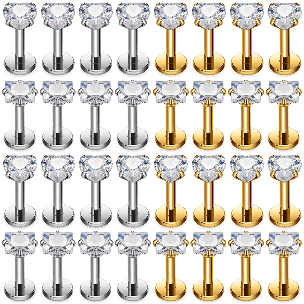 G23 Titanium Piercing Heart CZ Labret Ear Stud Earrings 10Pcs/lot For Women Square Shape Lip Stud Body Jewelry Helix Tragus ear piercing earring