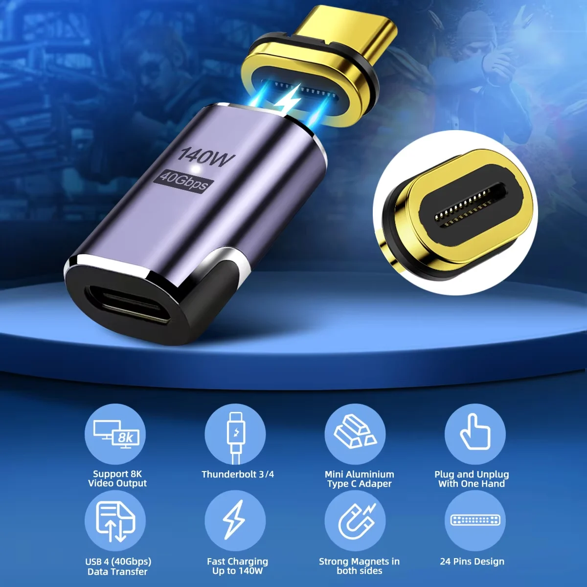 USB4.0 Thunderbolt3 Magnetic USB C To Type C Adapter 140W 40Gbps Fast Charging Magnet Charge Converter Cable 8K@60Hz