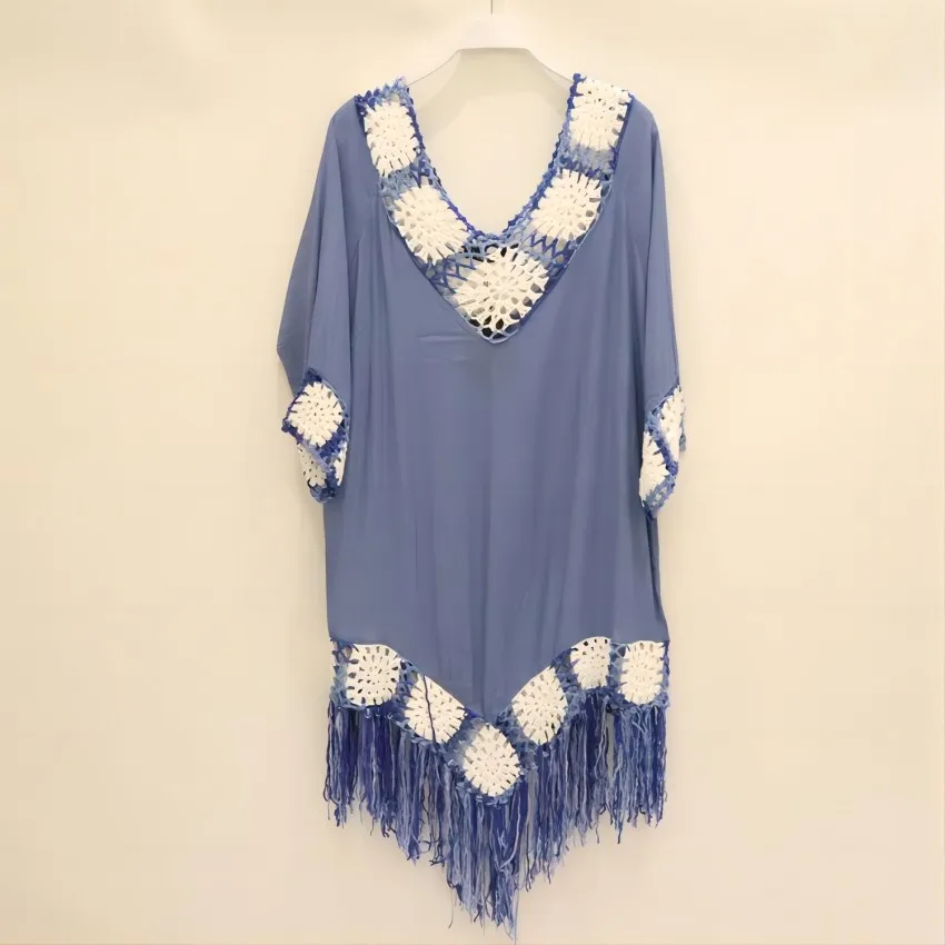 2024 new hand-crocheted fringe lace outdoor cutout hand-woven beach sunblock smock Boho beach skirt women's bikini