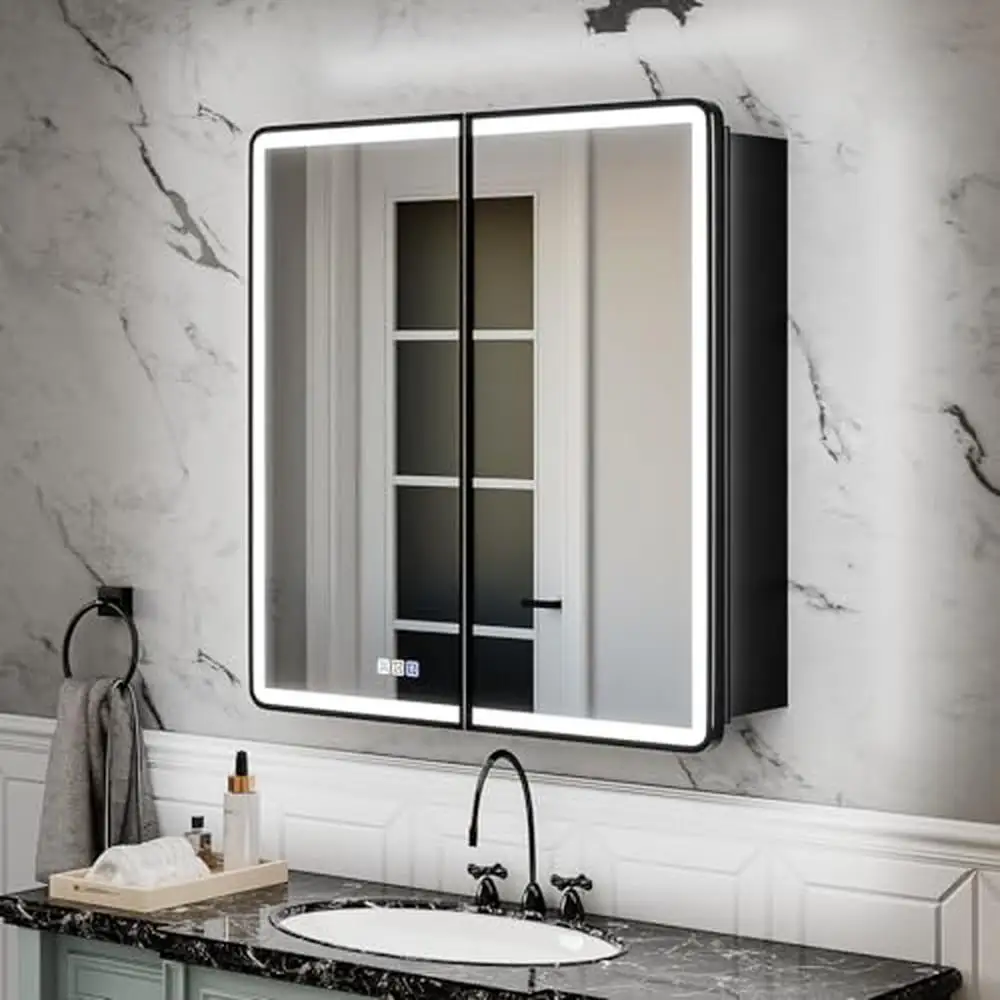 30x32" Lighted Glass Mirror Aluminum Framed Storage Medicine Cabinet