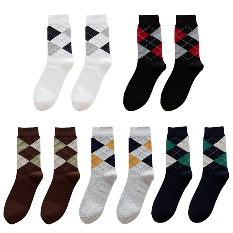 Men Autumn Cotton  Socks Vintage Argyle Plaid Patterned Print Breathable Formal Business Casual  Tube Hosiery 449B