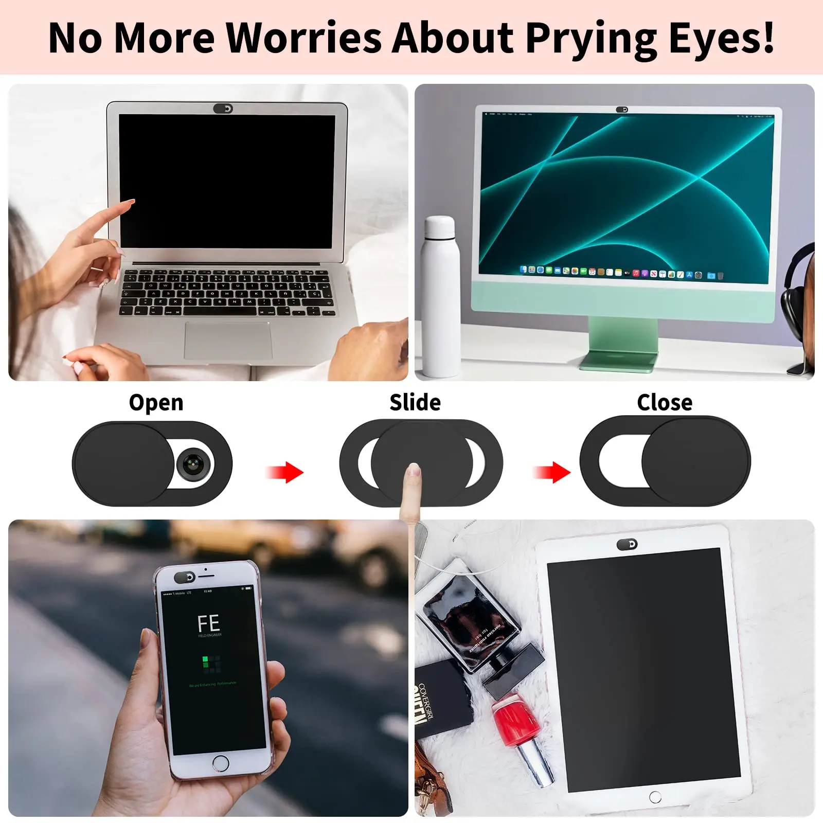 Sleek Black Privacy Webcam Cover Slide for Laptops, Tablets, and Phones