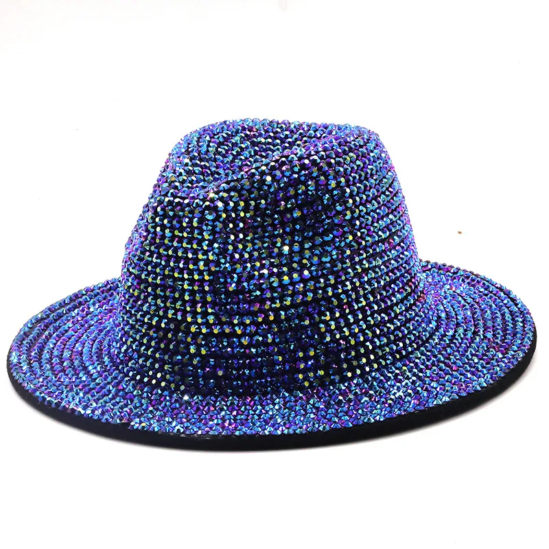 fedora hat Full Diamond Adjustable Flat Top Fedora Hat Bling Rhinestone Panama Spring Summer Men Wide Brim Felt Jazz Hats Women's Stage Hat mens straw fedora