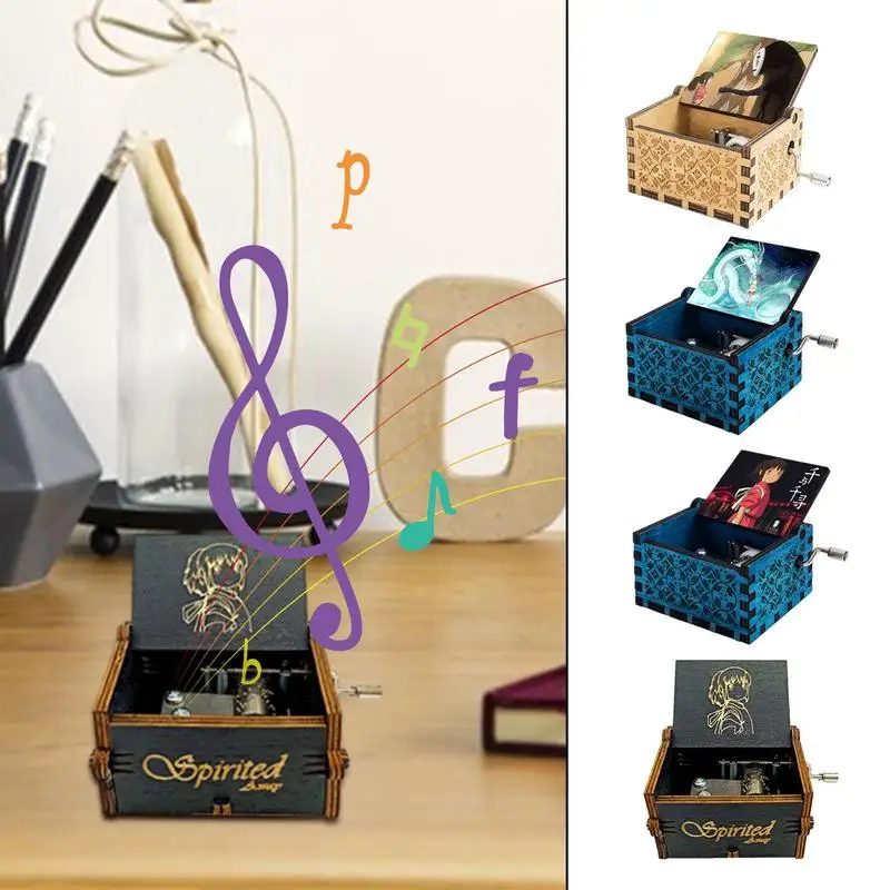 Wooden Music Box Vintage Hand Cranked Engraved Small Musical Case for Women Girls Mom Kids Birthday Christmas Valentines Day