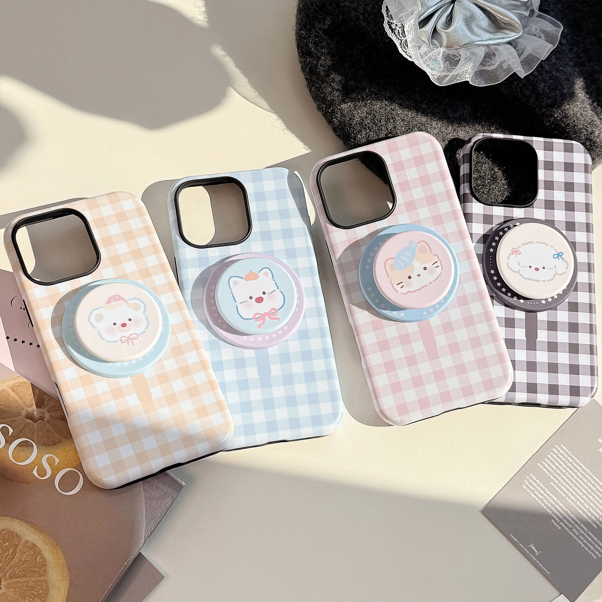 Korean Grid Pattern Cartoon Animals Magnetic Shockproof Phone Case Cover