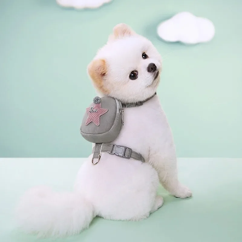 Pet Dog Harness With Bag Cute Pet Backpack With Leash Set Five-Pointed Star Decoration For Daily Walking Hiking Training