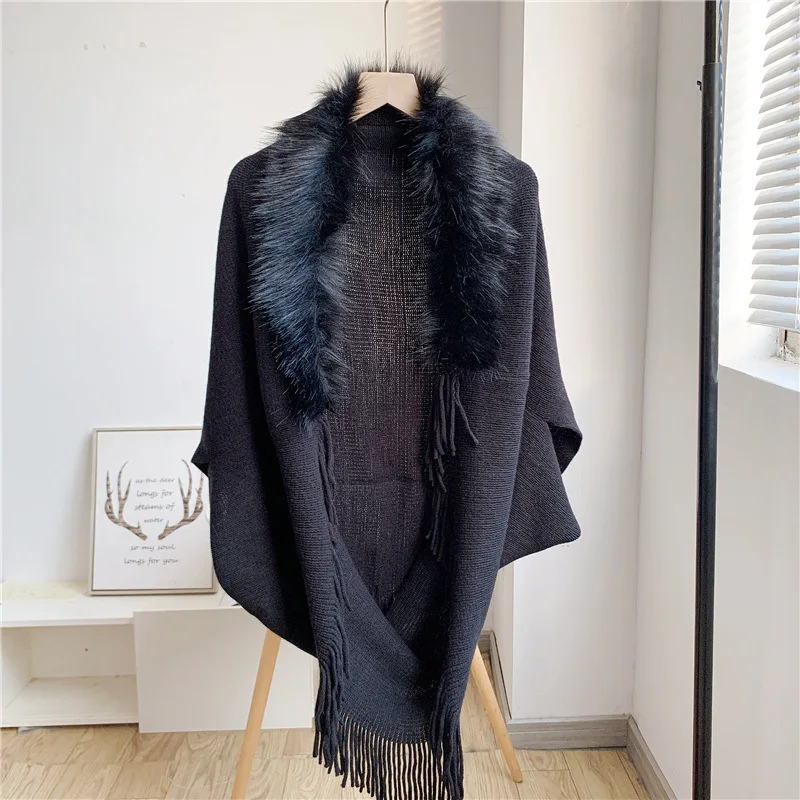 

Fur Collar Winter Shawls And Wraps Bohemian Fringe Oversized Womens Winter Ponchos And Capes Sleeve Cardigan Black Cloak
