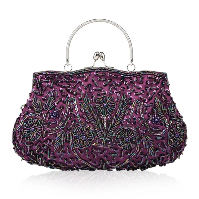 Women Vintage Beaded equin Flower Evening Large Clutch Bag with Handle Wedding Cocktail Party Handbag mall Tote
