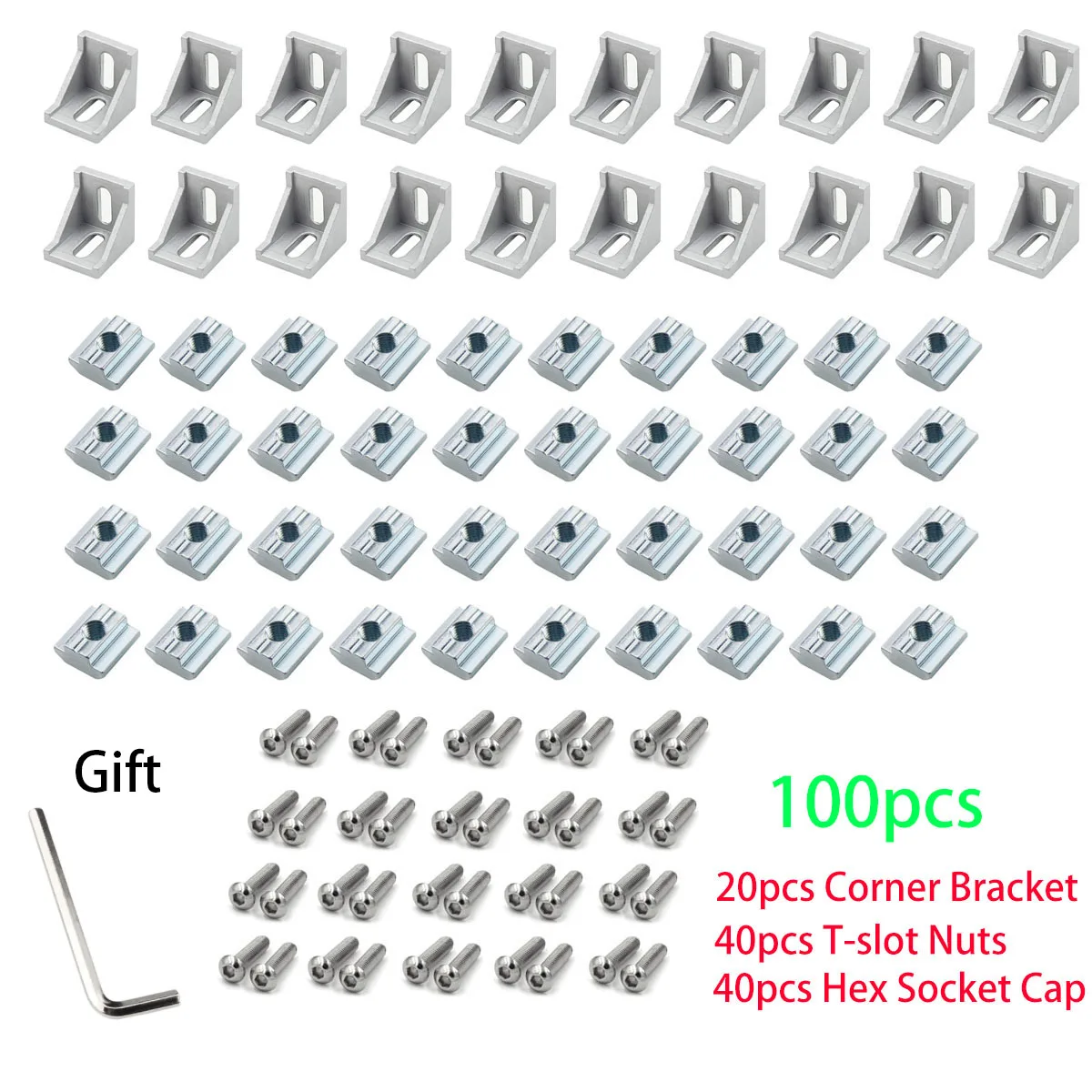 Perfil de Alumínio Conector Conjunto 20 Peças Suporte de Canto Mais 40 Peças 20 Série m5 T-slot Porca Mais 40 Peças M5x8 mm Hex Soquete Boné Mais Chave 100 Peças 2023