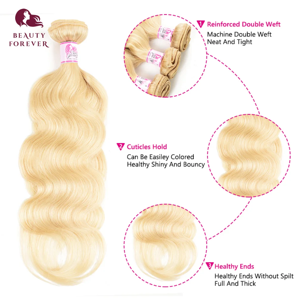 BEAUTY FOREVER 4 Bundles Honey Blonde #613 Brazilian Body Wave Human Hair 16-24 Inches Virgin Hair Weaving