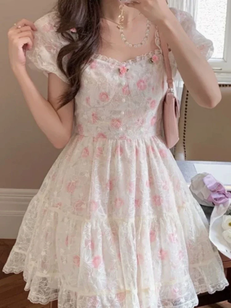 

Vintage Ruffles Lolita Mini Dress Women Kawaii Sweet Clothing Lace Floral Fairy Dress Korean Summer Elegant Party Princess Dress