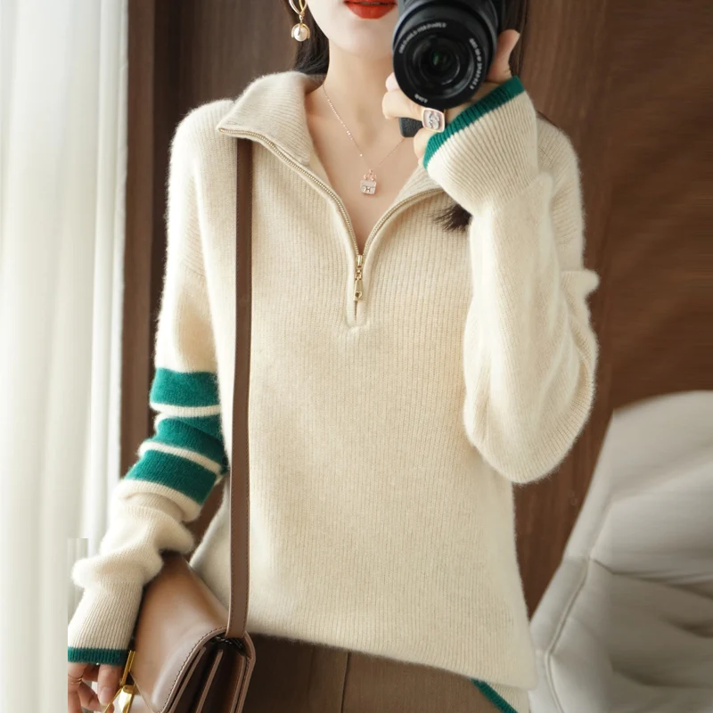 

French Zipper Stand Collar Color Matching Wool Knit Bottoming Shirt Autumn And Winter Fashion Striped Loose Casual Sweater Women