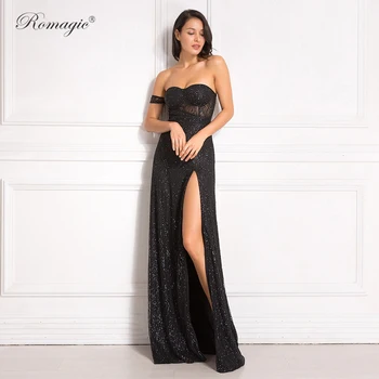 Black Glittered One Sleeve Strapless Long Ball Gown