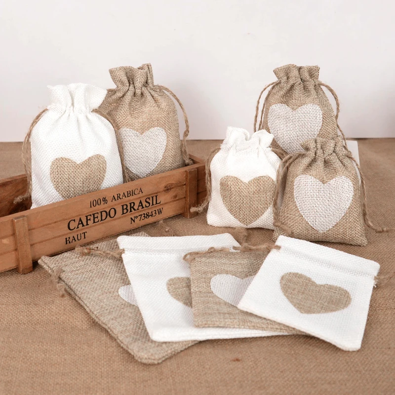 10Pcs Heart Jute Drawstring Bags For Wedding Birthday Party Decor Jewelry Pouches Natural Linen Burlap Candy Gifts Packaging