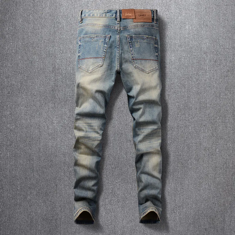 Street Fashion Men Jeans Retro Washed Blue High Quality Elastic Slim Fit Ripped Jeans Men Vintage Designer Casual Denim Pants