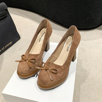 French Retro Round Head High Heels Women Spring and Autumn New Small Bow Shallow Mouth Women's Shoes Thick Heel Single Shoes 5