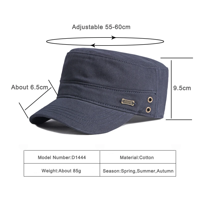 [Casual Military Hats For Men Cotton Flat Top Army Caps Women Solid Color Black Sun Hat Metal Tag Visor Curved Brim Adjustable - Image 3