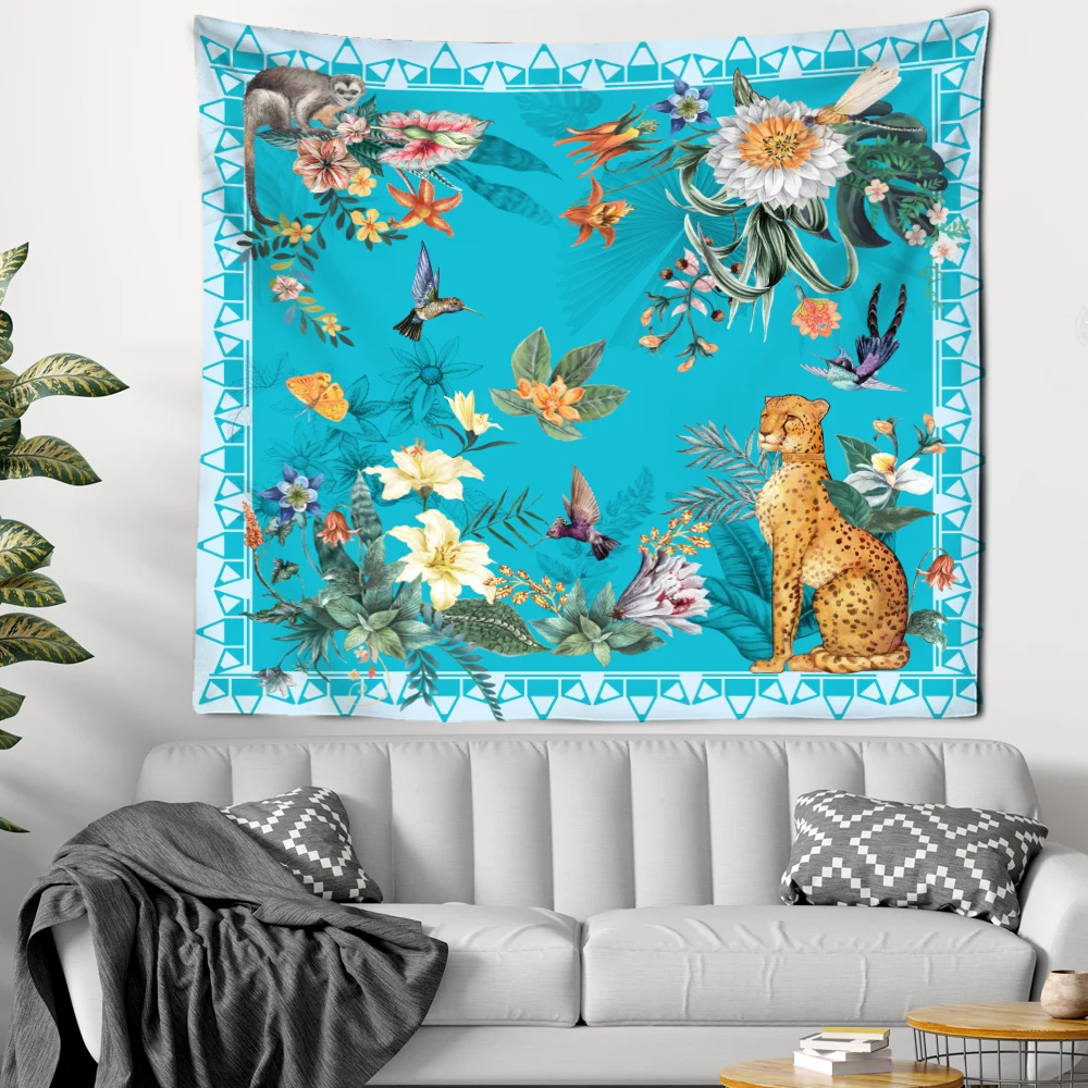 

Garden Flowers Tapestry Colorful Plant Wall Hanging Leopards Monkey Tapestries Art Home Animals Hanging Cloth Square Tapestry