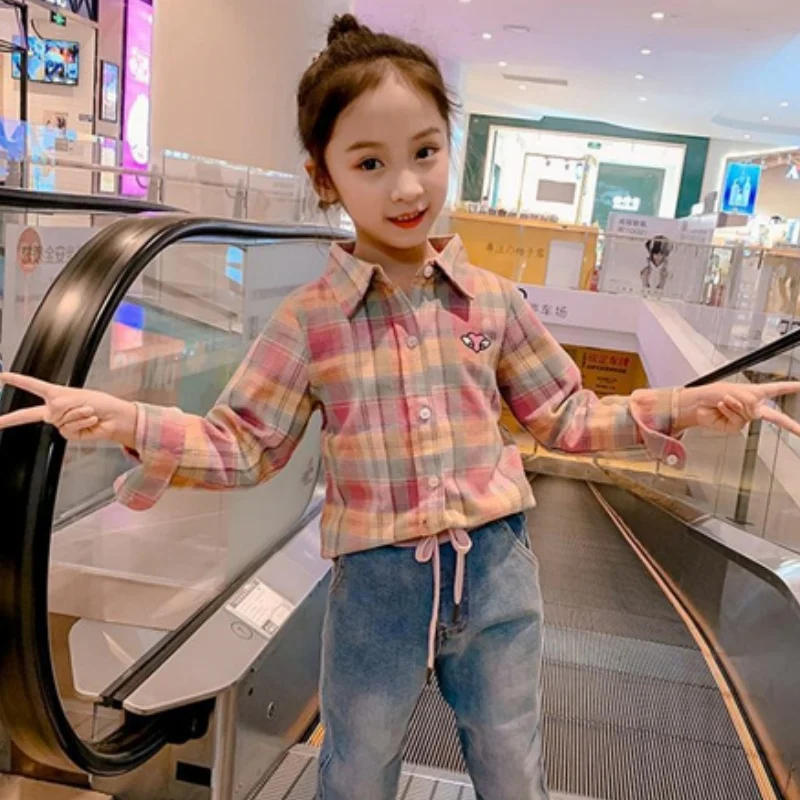 여아 아동용 블라우스 코트 재킷, 코튼 2024 라펠 용수철, 가을 셔츠, 10 대 외투, 아동복