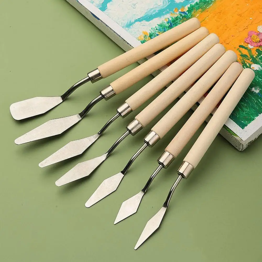 

7Pcs/Set Oil Paint Spatula with Wooden Handle Stainless Steel Oil Painting Art Palette Color Mixing Scraper Art Tools