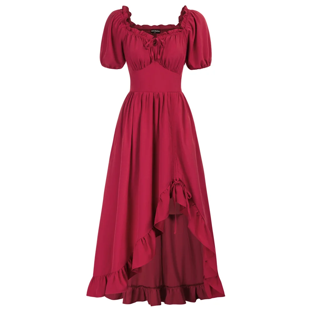 

SD Women Casual Dress Vintage Renaissance Defined Waist Dress Irregular Ruffled Hem Short Sleeve Square Neck A-Line Dress