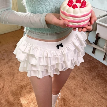 Y2k Kawaii Cute Cake Ruffles White Mini Skirt Women Bow Slim Skirt Elastic Waist Summer A-line Skirt Going Out Party Streetwear 1