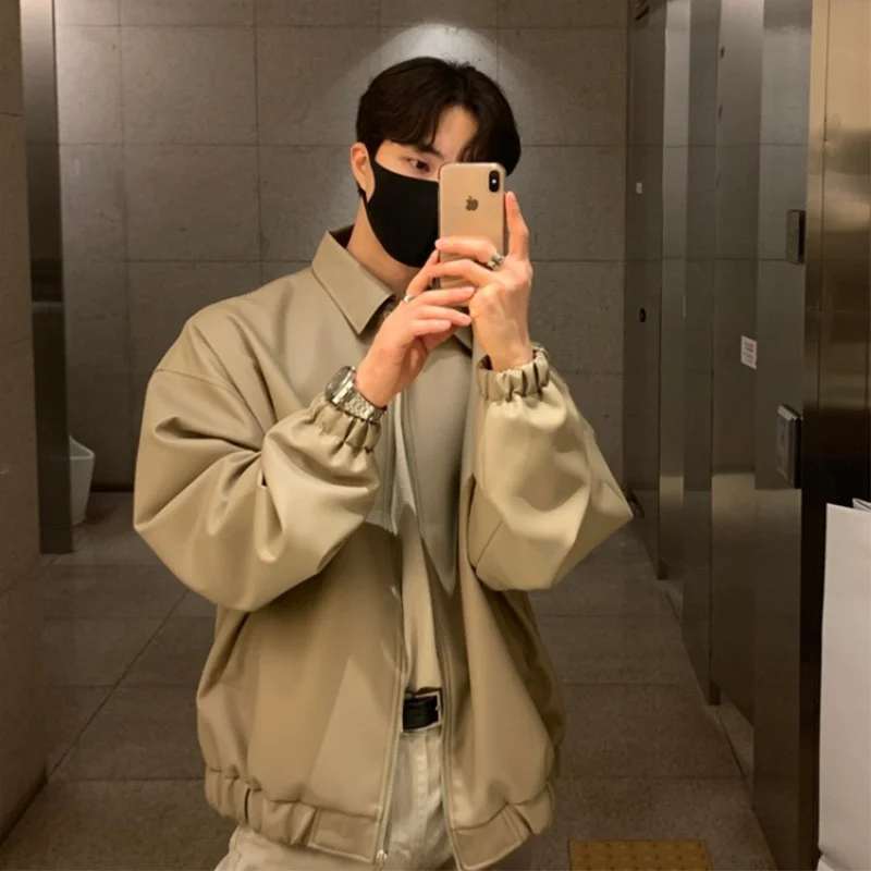 

2023 Men's Loose Work Clothes Pu Leather Jacket Couple Clothes Casual Handsome Leather Outerwear Fashion Trend Coats