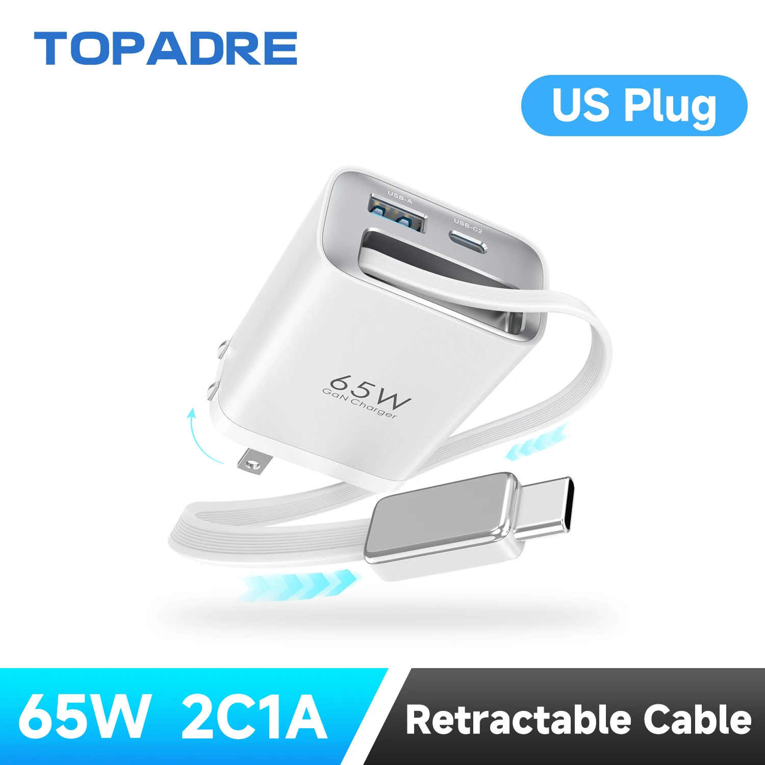 65W GaN PD3.1 Fast Charger With Retractable Cable , 3-Port Type-C + USB-A Travel Adapter For IPhone , Laptops, Galaxy Series