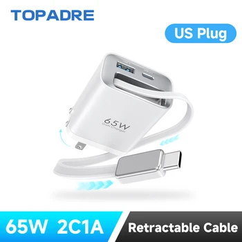 65W GaN PD3.1 Fast Charger With Retractable Cable , 3-Port Type-C + USB-A Travel Adapter For IPhone , Laptops, Galaxy Series