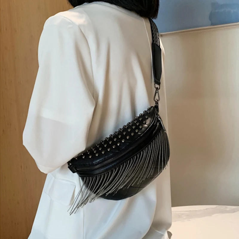 Luxury Woman Chest Bag Fashion Tassel Leather Large Capacity Crossbody Bags Chest Bag Women Waist Bag Casual Rivet Shoulder Bags
