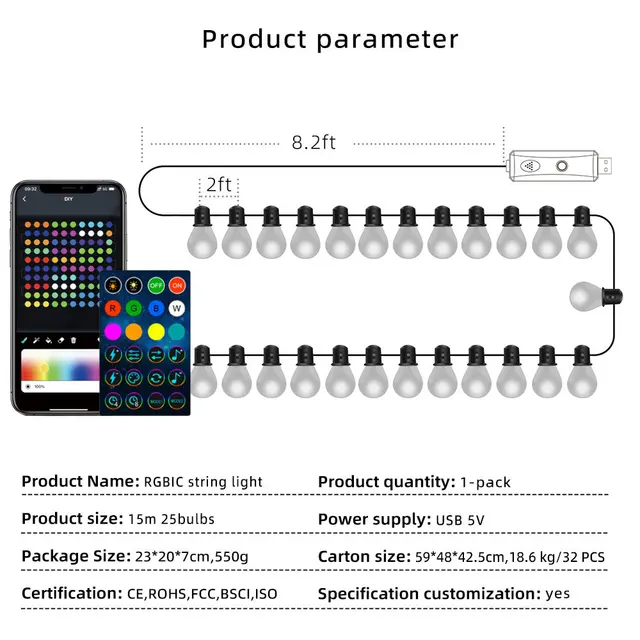 Bluetooth Színes G40 Led Izzó Húr 15M 25 Blubs Festoon Tündérfények Karácsonyi Hálószoba Kültéri Kerti Dekoráció Könnyű Koszorú - Image 6