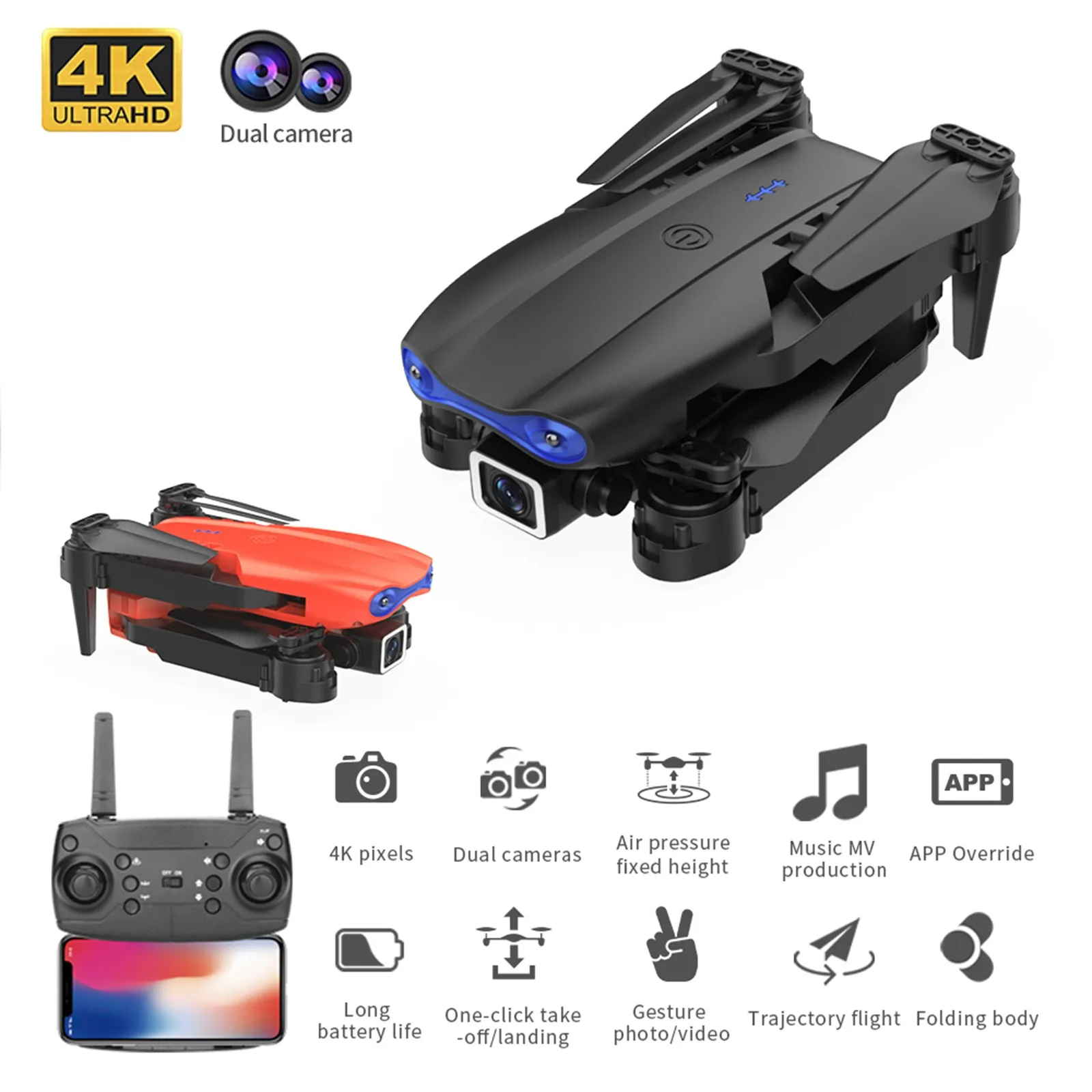 Mini-Drone 4K HD Dual Camera Wifi FPV Smart Selfie RC UAV Foldable Helicopter 2.4GHz Wireless Remote Control Button Switch