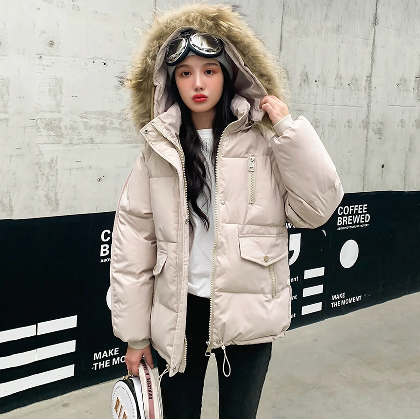 

2022 New Women's Short Cotton Padded Coats Detachable Hood Raccoon Fur Collar Parkas Thick Warm Student Outerwear Loose Tops
