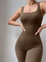 Women's Sleeveless Yoga Jumpsuit Exercise Ribbed Square Neck Vest High Waist  Fitness Sports One-piece Yoga Suit - Image 4